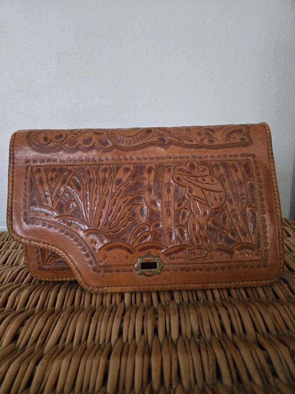 Vintage Hand Tooled Leather Handbag Brown Floral Carved Western Boho Purse